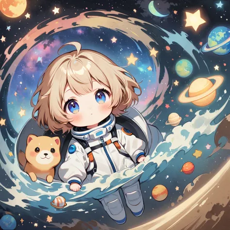 Girl in spacesuit floating in space, surrounded by the Milky Way, the universe , cutely.  ถือของเล่น กินขนม