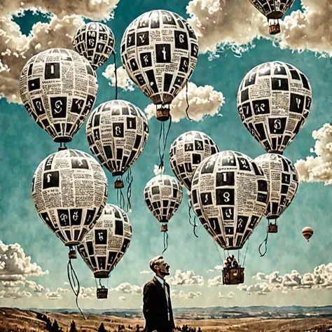 Dreamy sky, Floating balloons made from newspaper clippings, The surreal landscape below, Retro-futuristic aesthetic, (Surreal facial features:1.3)