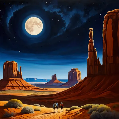 Landscape painting、Moon Night、The moon looks small、wilderness、Rocky Mountain、desolate、dark、Monument Valley、journey、Four Travelers、Back view、