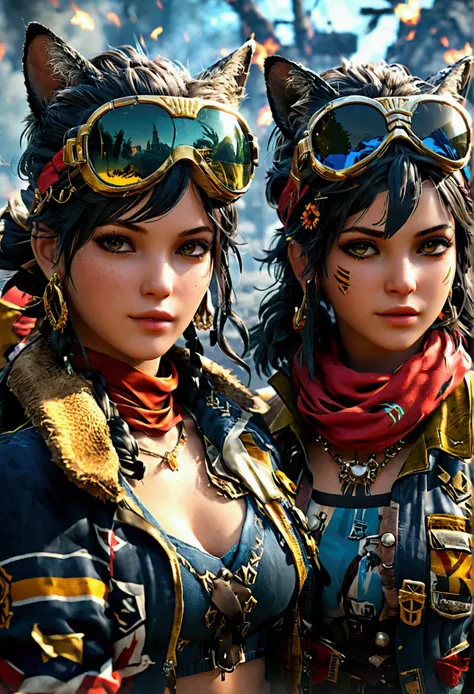 ((((Garena free fire game character))),(((realistic,8k, detailed character, HD, highly detailed pictures))), Sonia character, and Dimitri character with there costumes , from Garena free fire game, full realistic character, detailed Sonia and Dimitri