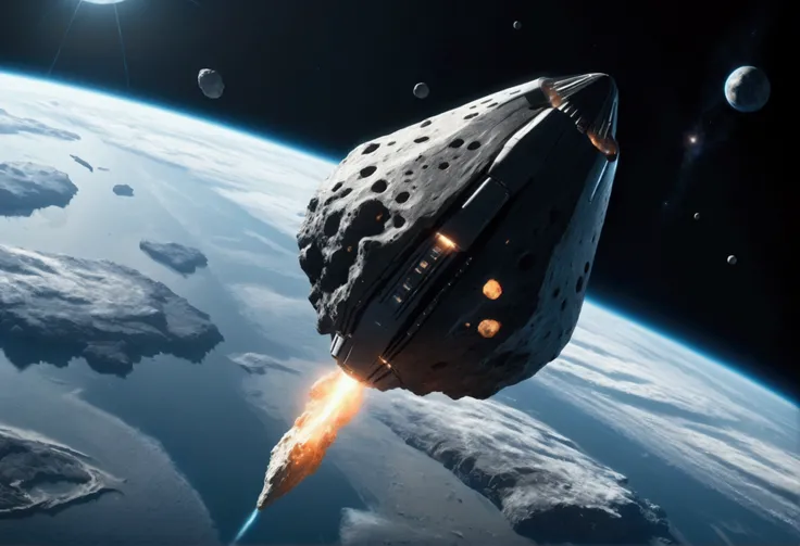 A huge asteroid floating in space with a futuristic spaceport building situated on top of it