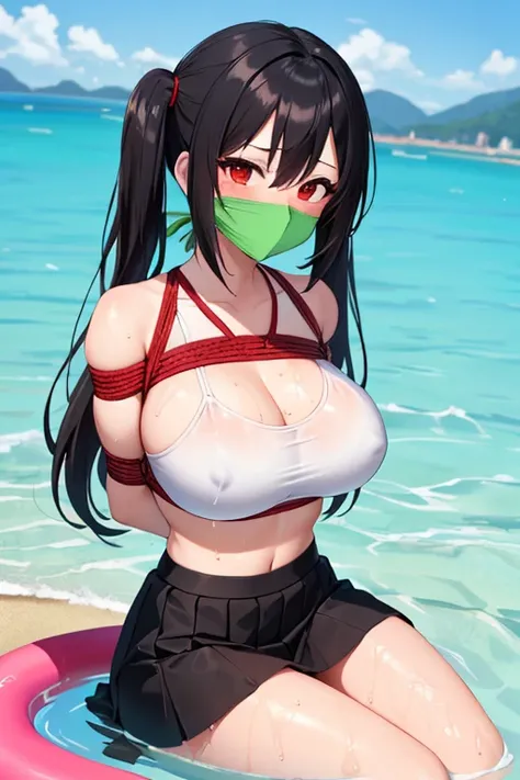 1 girls, (detailed red eyes, lange wimpern, detailed beautiful face:1.1), 4k quality, twintails, Haare Seiten nach oben, (Long black hair:1.4), (arms behind back:1.3), (big breasts:1.5), Red rope, (blushing:1.3), erina nakiri, long hair, hair between eyes,...