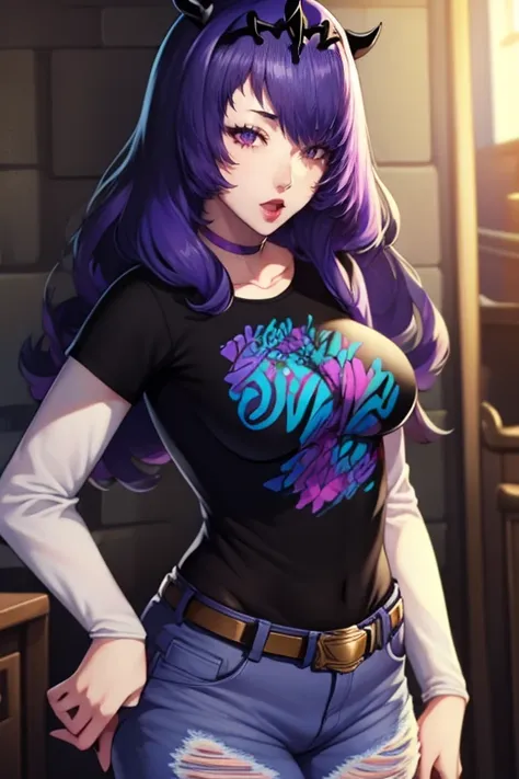 defcamilla, tiara, purple hair, 1girl, solo, standing, black t-shirt, white shirt, blue jeans, belt, lipstick, large breasts