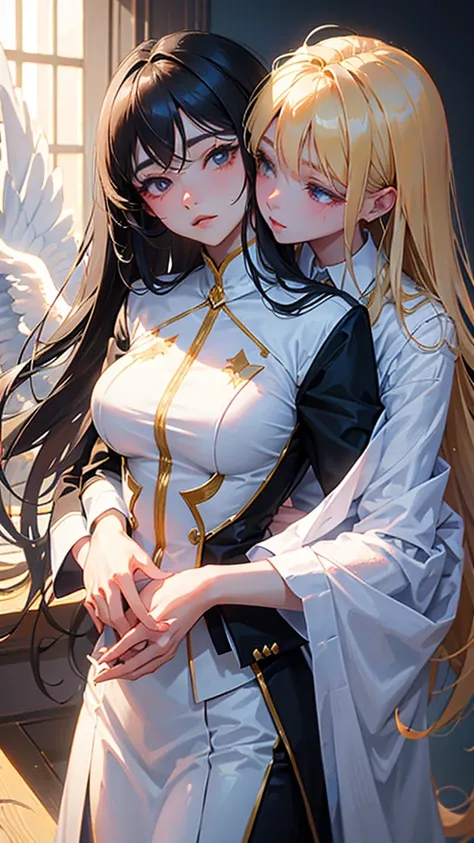 An anime-style illustration of a woman split into two halves: one side as a golden-haired angel with a single angel wing, and the other side as a woman in a business suit with black hair. The angelic half should have a soft, ethereal expression, with flowi...