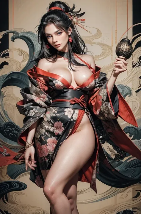 Wait warrior sexy, pretty face, Delicious Company, Alluring figure, Wearing a sexy open kimono. The artwork is created in a medium reminiscent of Japanese ink paintings....., Features bold brushstrokes and a Monochromatic color palette. artist&#39;Masterfu...