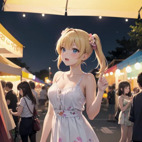 Masterpiece, high quality, high resolution, semi-realistic, 2.5D, perfect anatomy, super-detailed and detailed illustrations, sfw,
Subject: Cute Crowd
Subtitle: {blonde twin-tail}{flowery summer dress}{looking up pose}{summer festival night market}{express...