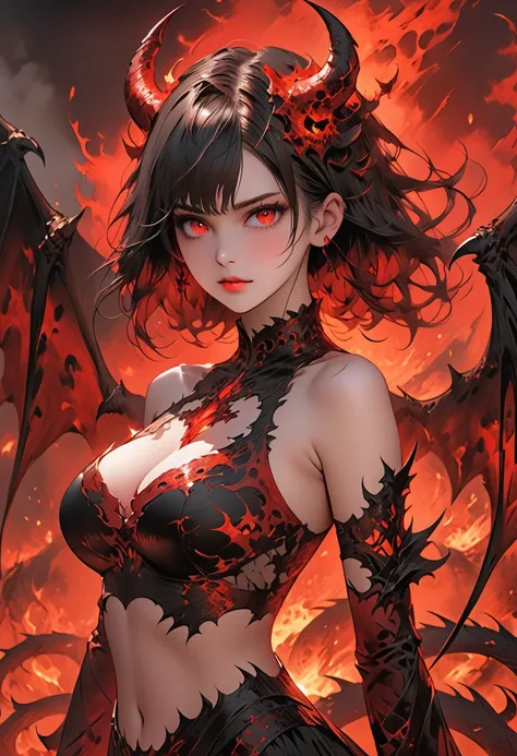 ((best quality)), ((masterpiece)), (detailed), perfect face a beautiful young woman that has big demon wings and demonic horns on her head. Her hair is long, straight and black and her eyes shine in the color of black and red being mixed in them. She is we...