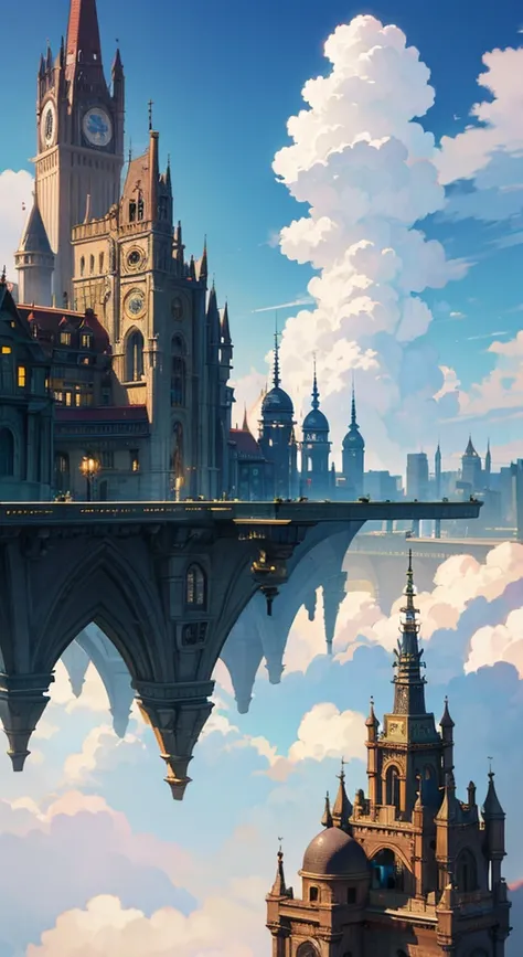 super detail, high details, high quality, 8k, Miyazaki style, a steampunk-style city floating in the sky, clouds and diverse architecture, exuding mystery and technology --v 6