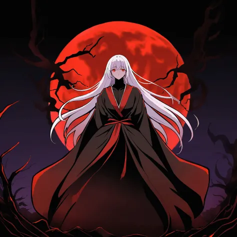 a silhouette image of a beautiful woman dressed in black murim robes, has long silver hair, ruby red eyes, standing high above in the sky, a blood moon in the dark background, eerie atmosphere, Manhwa style