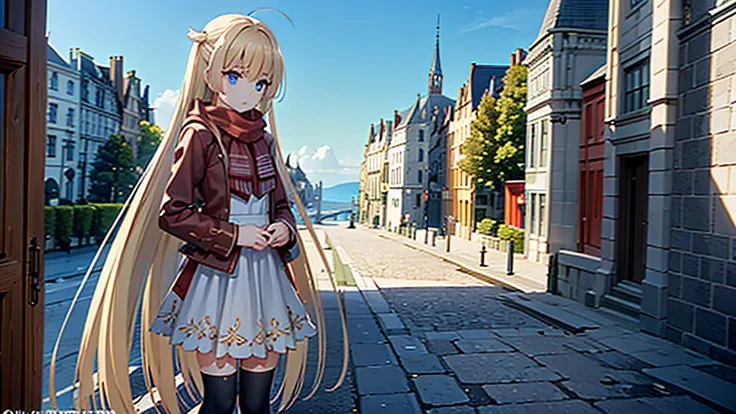 ((masterpiece)),(best quality),Official Art,Extremely detailed CG,Unity 8K wallpaper,Very detailed,Beautiful and delicate eyes,Extremely detailed face,1 girl,solitary,,(whole body:1.5),(small:1.3),，autumn，，Wear a long red scarf，Red Jacket，Clear and cloudle...