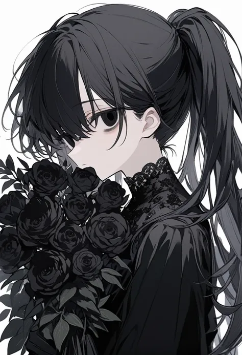 so cool、profile、very black、((((hold very black bouquet))))、💐💐💐💐💐💐💐💐💐💐💐、illustration where the pupil does not overlap the lower l...