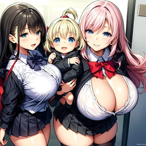 2 girls and 1 little boy，female high-school student，White student uniform，huge tit，ssmile，Be red in the face