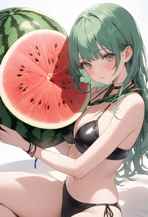 1female, wearing A hyper-realistic round-shaped bikini that looks exactly like a watermelon BREAK // material , The outer layer is made of smooth, slightly textured faux leather that perfectly replicates the appearance of watermelon skin, The inner lining ...