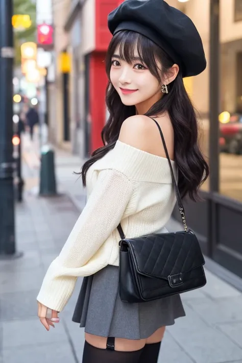 1 girl、bag、Upper Body、Street、bangs、Shoulder Bare、beret、Black footwear、黒いhat、smile、passionate、ハンドbag、hat、durability、Long sleeve、looking at the camera、Off the shoulder、shoes、skirt、Sleeves above the wrist、shoes下、solo、sweater、White legwear、Are standing、Side vi...