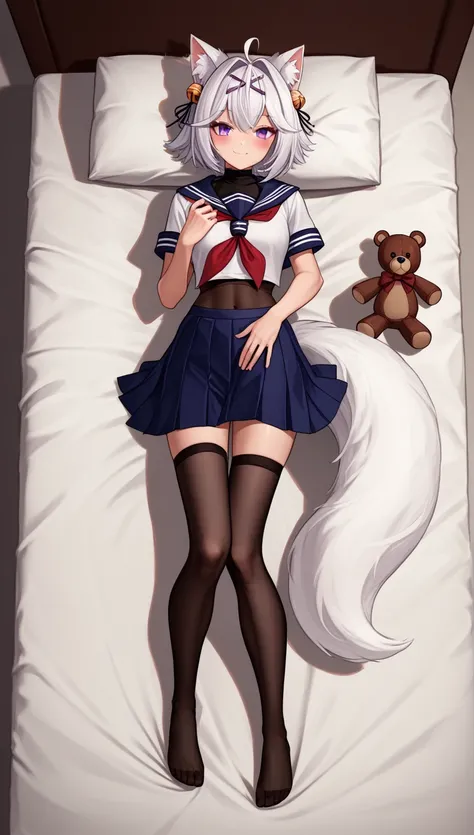 UHD, masterpiece, best quality, soft light, moonlight, full body light, purple bed, 1girl, ((lying on bed)), solo, full body, Filian, fox tail, small cat ears, white hair, short hair, ahoge, hairclip, hair ornament, hair bell, waist length pony tail, deep ...