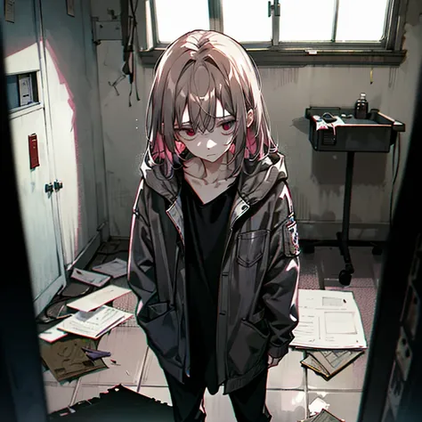 (masterpiece, best quality, high quality, ultra detailed, highres), 1boy, the abandoned hospital room, ruin hospital room, distressed room, medical equipment, gloomy atmosphere, dark shadows, emphasized white hues, overhead lighting, detailed features, dis...