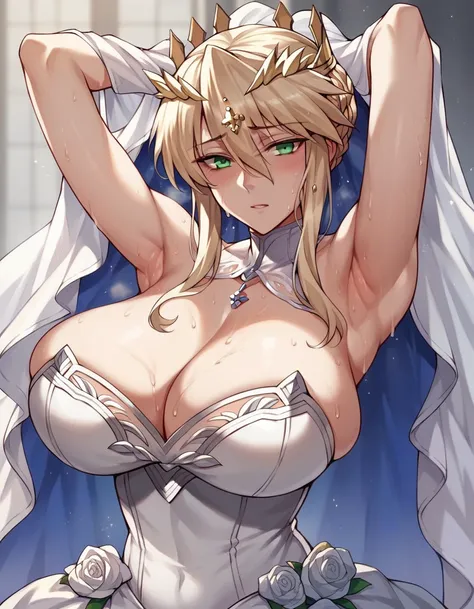 1 girl, Artoria Pendragon lancer (fate grand order), white dress, bride, big breast, bare shoulders, arms up, armpits, sweat drop, very sweaty, looking at viewers