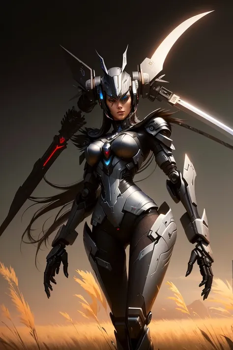 close-up of a man with a sword in a field, futuristic robot RAVEN, killer robot dominatrix, Beautiful robot character design, style Raymond Swanland, women&#39;s fur, inspired Raymond Swanland, anime robotics, mixed with organics, Mechanized Valkyrie Girl,...