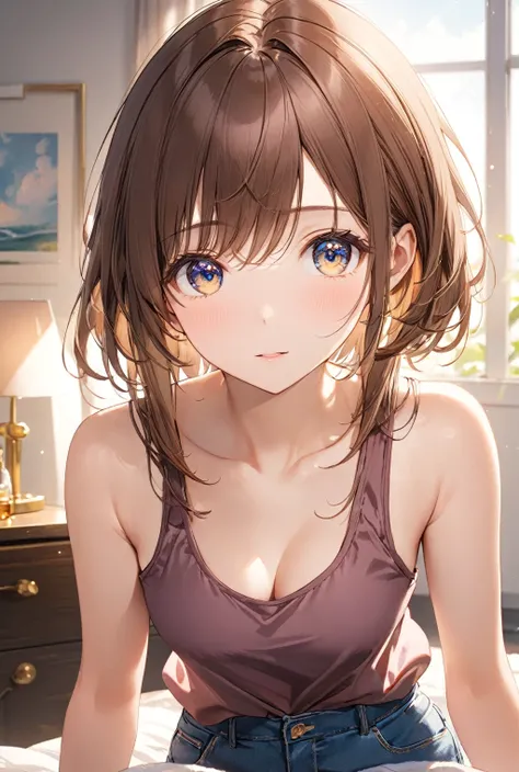 (Highest quality, 8k, 32K, masterpiece, Ultra-high resolution,:1.2),born, One girl,Super cute , Natural light,Clear, shining eyes, 20-year-old ,Fair skin, Brown Haired Girl, Tank top