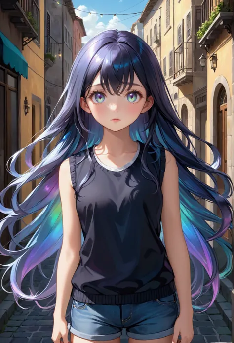 Long dark iridescent hair, iridescent eyes, perfect body, 18 years old, casual wear, vest quality, high resolution, 8k