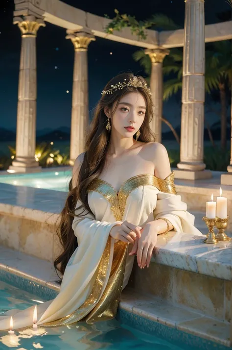 (((best quality))),(((ultra detailed))),(((masterpiece))),illustration,1girl,ancient greek princess,luxurious pool,grand temple,starry night sky,summer,beautiful,radiant complexion,flowing golden hair,graceful,intricate patterns,embellishments,shimmering f...