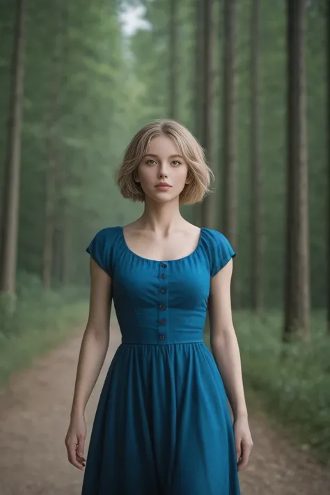 score_9, score_8_up, score_7_up, BREAK,
 best_quality, hyper_realistic, 25-year-old Ukrainian woman, skin texture, high detail face, messy short blonde hair, hazel eyes, pale skin, tall slender body, walking inside sunny forest, wearing all classic blue dr...