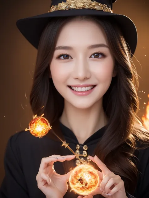 ((Best Quality, 8K, Masterpiece: 1.3)),Sharp: 1.2,Perfect Body Beauty: 1.4,cute girl,Highly detailed face and skin texture,detailed eyes,double eyelids,smile,((fantasy)),((witch)),pointing finger,((using fireball magic)),wide shot