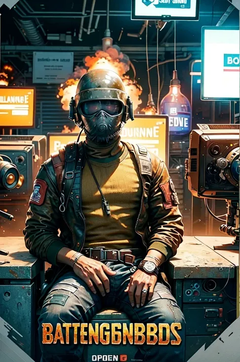 A man sitting at a computer with PUBG written on the screen,and next to it is a poster with the inscription SMAER