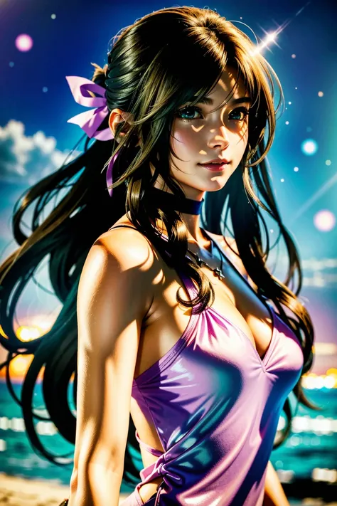 
Aerith,FF7, Long Hair, bangs, Brown Hair, bow, ribbon, jewelry, Green Eyes,  hair ピンクribbon, Braiding, hair bow, Side Lock, choker, necklace, lips, parted bangs, pink bow, Portraiture, Realistic,Super high quality,high quality,masterpiece,Digital SLR,Deta...