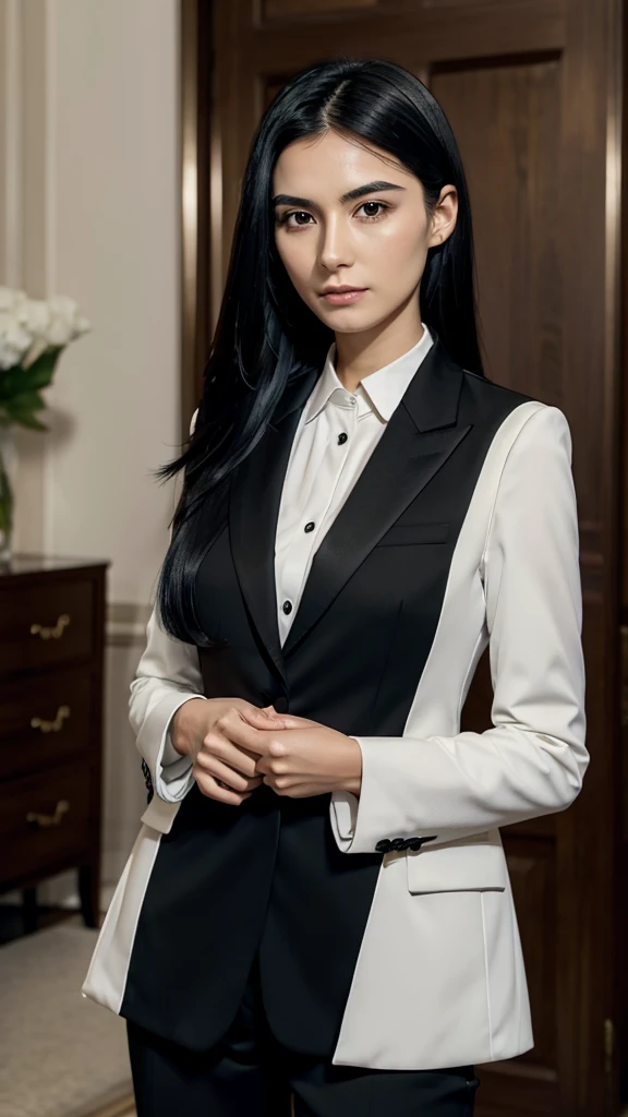 30 years old wide jaw sharp nose thick eyebrows straight long black hair European girl in suit 