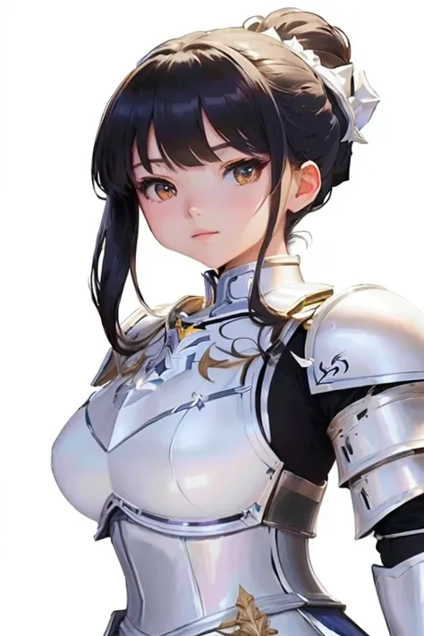 Anime girl in armor holding a sword in a room, Shiny white armor, Hestia, portrait knight woman, Girl in Armor, Portrait of a girl in the Knights of the Zodiac, From the Azur Lane video game, Azur Lane Characters, Ayaka Genshin Impact, portrait of female p...