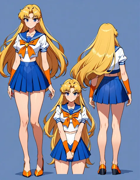 (masterpiece), (best quality), (high res), sailor Venus, tall body, beautiful detailed eyes, beautiful detailed face, serious, perfect hands, complete fingers, perfect anatomy, perfect proportions, ((blonde hair, long hair, hair down)), ((blue eyes)), (( s...