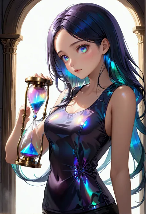 Long dark iridescent hair, iridescent eyes, hourglass body figure, casual wear, vest quality, high resolution, 8k