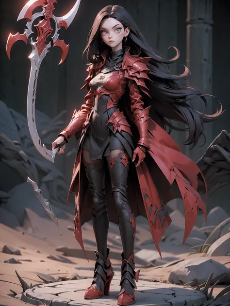 (((Best Quality))), (((Masterpiece))), ((Realistic)) ((full body shot)) slender cute pale demon girl, pointing ears, (red colored eyes), long black hair, wearing demon armor (intricate details) holding a giant demon stylish scythe.