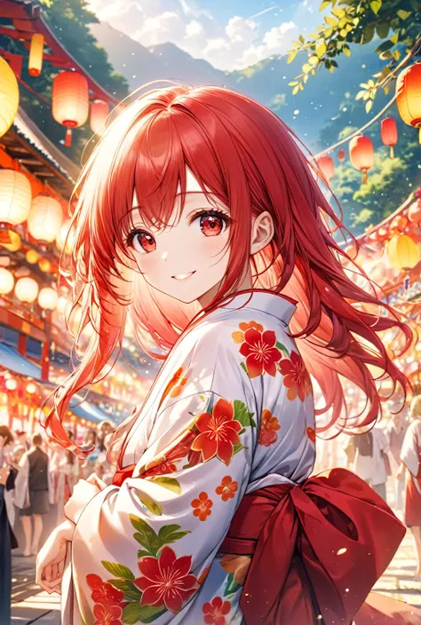 (Highest quality, 8k, 32K, masterpiece, Ultra-high resolution,:1.2),born, One girl,Super cute , Natural light, A fantasy background like a summer festival, Clear, shining eyes, Age 25 ,Fair skin, Girl with red hair, Wearing a yukata, Long Hair, Smiling, Re...