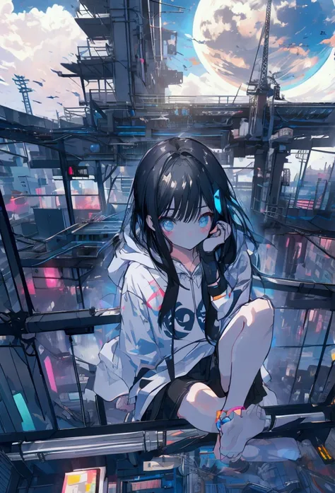 (pc),Top View、Using a laptop、Beautiful Face、Beautiful legs、Black Hair、On the roof、full moon,neon.hoodie,Sitting、IT Engineer、Building district、modern times、Landscape