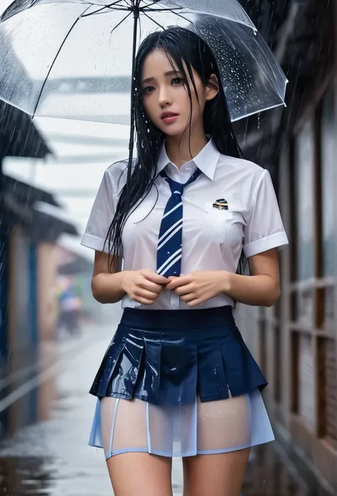 1girl, long black hair, uniform, shy, blush, Wet, rain, transparent, (masterpiece, best quality), soft light, cinematic composition, cinematic light、Short-sleeved white shirt and navy blue miniskirt、My shirt got Wet from the rain and my underwear was visib...