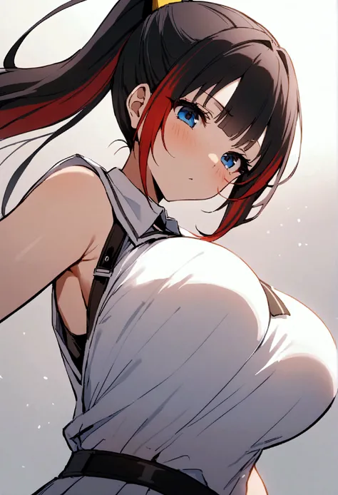 score_9、score_8_up、score_7_up、score_6_up、score_5_up、score_4_up、BREAK Solo、1 person、Kaguya、Long Hair、ponytail、Multicolored Hair、Black Hair、Red hair、blue eyes、Big Breasts、White outfit with black details、