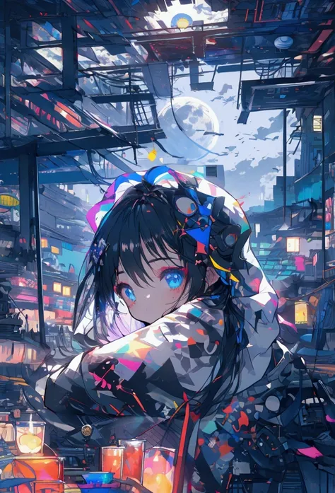 (pc),Top View、Using a laptop、Beautiful Face、Beautiful legs、Black Hair、On the roof、full moon,neon.hoodie,Sitting、IT Engineer、Building district、modern times、Landscape