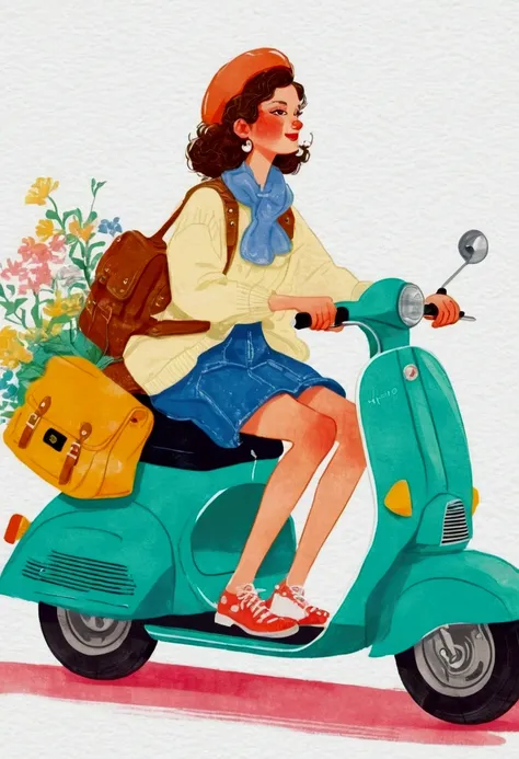 illustration of a woman riding a scooter with a bag on the back, illustration style, in style of digital illustration, by Kaya Forio, cute illustration, rich and colorfull illustration, rich and colorful illustration, Lo-Fi Girl, rich and colorful! role co...