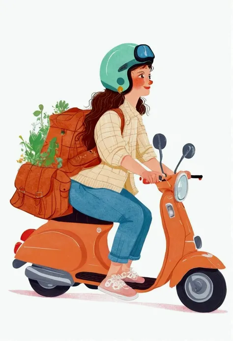 illustration of a woman riding a scooter with a bag on the back, Vector art provided by Kaja Foglio, Trending on Behance, Happening, illustration style, in style of digital illustration, cute illustration, rich and colorfull illustration, rich and colorful...