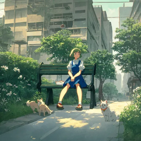 **A cute 20-year-old woman with short hair slightly blowing in the wind is sitting on a park bench, drinking from a can of beer. Next to her sits a white dog. There are tree shadows, streetlamp lights, and tall buildings in the distance, Synthwave, tropica...