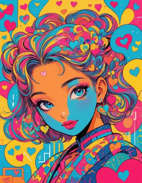 Keith Haring colorful style, Simple Line Initialism，Abstract art，Urban Background, (((The most beautiful girl of all time))), Sweet face. Lips in love, colorful hearts, stylish design, (((黒い瞳)))