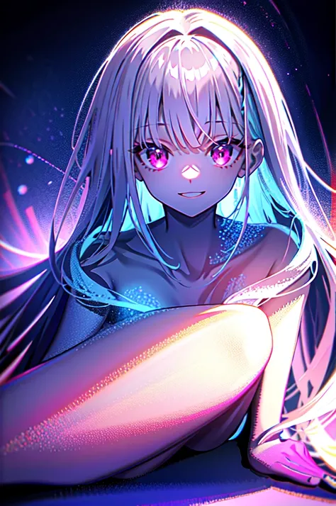 detailed background, masterpiece, top quality, smile, ornament, portrait, blue neon, graffiti, dark, night, glowing eyes, black light,long hair,pink eyes、(all nude:1.5)、(full body:1.3)