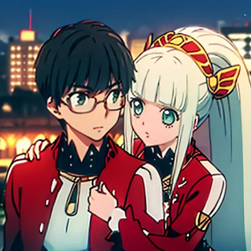 1 boy with black hair, Red jacket and glasses romantically kissing a girl in a red and white dress Long light green hair and green eyes, bright city at night in the background., True love, blushing cheeks, high quality 