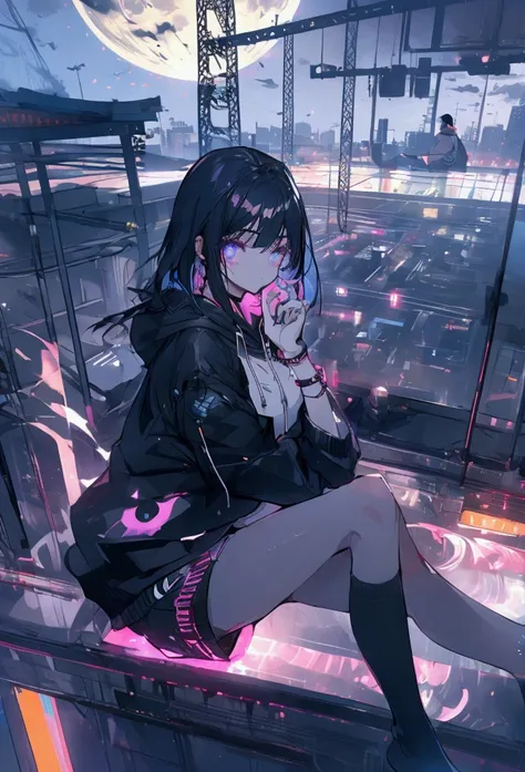 Using a laptop、Beautiful Face、Beautiful legs、Black Hair、On the roof、full moon,neon.hoodie,Sitting、IT Engineer、Building district、Landscape、rooftop