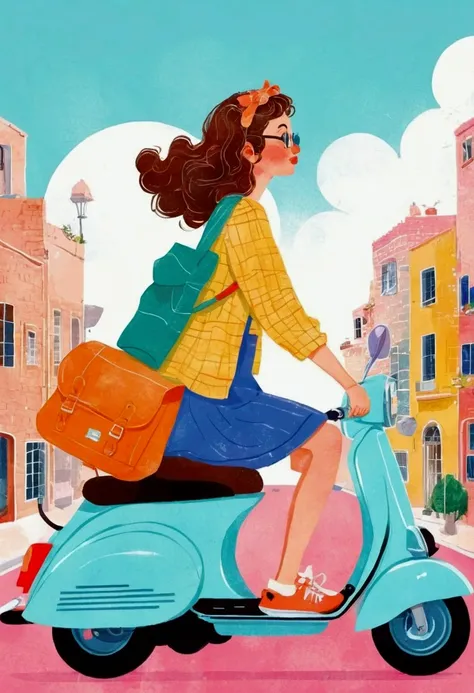 illustration of a woman riding a scooter with a bag on the back, Vector art provided by Kaja Foglio, Trending on Behance, Happening, illustration style, in style of digital illustration, cute illustration, rich and colorfull illustration, rich and colorful...