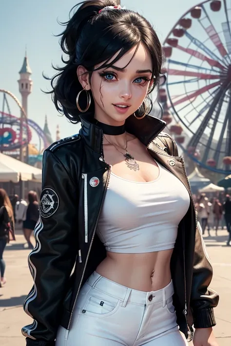 absurdrez, ultra details, high qualiy, Artwork, gorgeous eyes(detailedeyes), white blouse, Black jacke, white jeans, short messy black hair, fully body, facial expression laughing, super lashes, fully body, standing, tatoo, scar on the face, amusement park...