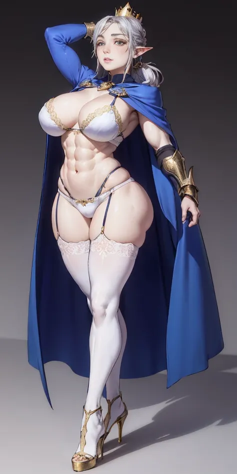 extremely long hair, ponytail, perfect anatomy 1 girl tall solo, slim thick ((muscular)) high elf full body toe to head toned body, silver breast plate, blue cape, slendered abs, hourglass waist, detailed face, defined cheekbones, puffy lips, gauntlets, go...