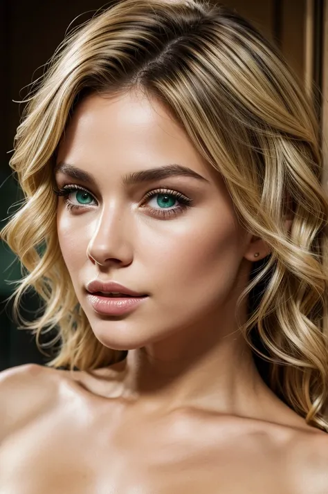 Woman, Blonde with black highlights on her hair, slightly curly hair, beautiful, sexy, green eyes, realistic, 4k, human 